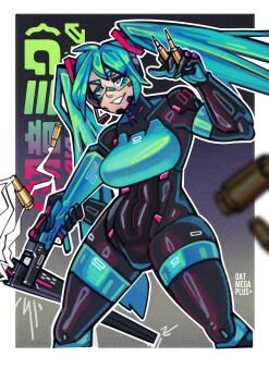 1girl absurdres android aqua_eyes aqua_hair gun hatsune_miku headphones headset highres long_hair mechanization oatmegaplus robot shotgun signalis smile twintails very_long_hair vocaloid weapon