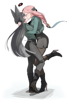 2girls absurdres animal_ears black_boots black_gloves black_hair black_pants black_skirt boots braid braided_ponytail breasts brown_pantyhose closed_eyes commentary dailymiyanagi english_commentary fox_ears fox_girl full_body glasses gloves green_sweater heart highres hoshimi_miyabi hug kiss long_hair long_sleeves medium_breasts multiple_girls pants pantyhose pencil_skirt pink_hair simple_background skirt spoken_heart sweater tsukishiro_yanagi very_long_hair white_background yuri zenless_zone_zero