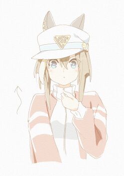 1girl animal_ears arrow_(symbol) blue_eyes blush brown_hair cheval_grand_(umamusume) cropped_torso ear_covers ears_through_headwear hair_between_eyes hakugitsu hat hat_belt highres horse_ears horse_girl jacket long_hair looking_at_viewer multicolored_hair peaked_cap red_jacket simple_background solo streaked_hair tracen_training_uniform track_jacket umamusume white_background white_hair white_hat zipper