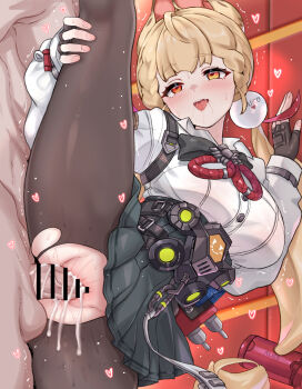 1boy 1girl :o absurdres ahegao alice_thymefield animal_ears bar_censor black_skirt blonde_hair blush breasts censored commentary daram_(shappydude) fingerless_gloves gloves hair_ornament hand_on_own_leg hetero heterochromia highres indoors large_breasts large_variant_set long_hair orange_eyes pantyhose penis pleated_skirt red_eyes revision sex shirt skirt sphere_hair_ornament split standing standing_on_one_leg standing_sex standing_split sweat torn_clothes torn_pantyhose vaginal variant_set white_shirt zenless_zone_zero