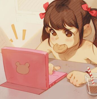 1girl alkemanubis blush brown_eyes brown_hair computer cookie drinking_straw flat_chest food food_in_mouth glass highres laptop loli long_hair mouth_hold nude original solo table twintails upper_body