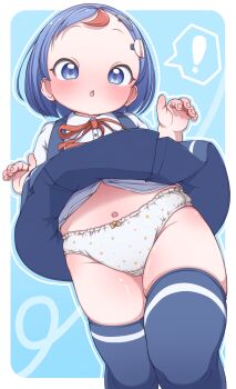 ! 1girl absurdres blue_dress blue_eyes blue_hair blue_thighhighs blush commentary_request dress groin highres loli looking_at_viewer multicolored_hair navel neck_ribbon open_mouth original panties pinafore_dress polka_dot polka_dot_panties red_hair red_ribbon ribbon seiro_udon shirt sleeveless sleeveless_dress solo speech_bubble spoken_exclamation_mark streaked_hair thighhighs underwear white_panties white_shirt