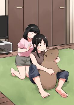 Rule 34 | 2girls, animal, barefoot, black hair, brown shirt, capybara, commentary request, holding, holding animal, indoors, kirinama01, medium hair, multiple girls, original, pink shirt, rug, shirt, shorts, sleeveless, sleeveless shirt, soles, television, wooden floor