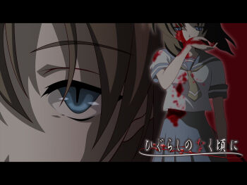 00s blood empty_eyes evil_face highres higurashi_no_naku_koro_ni letterboxed ryuuguu_rena school_uniform serafuku slit_pupils