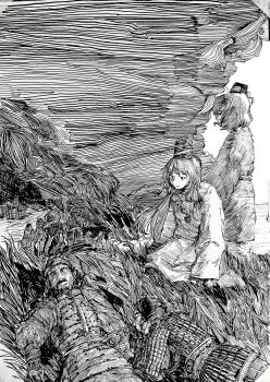 Rule 34 | 2boys, 2girls, armor, chinese commentary, commentary request, corpse, dress, from side, greyscale, hat, hatching (texture), highres, japanese armor, japanese clothes, kariginu, kneeling, kozno, linear hatching, long dress, long hair, monochrome, mononobe no futo, multiple boys, multiple girls, outdoors, samurai, short hair, sideways glance, sleeves past fingers, sleeves past wrists, soga no tojiko, standing, tate eboshi, touhou, wide shot