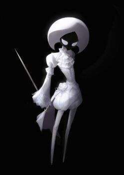 Rule 34 | 1girl, alternate costume, arthropod girl, black background, black skin, blank eyes, colored skin, commentary, english commentary, full body, hat, highres, holding, holding weapon, hollow knight, hollow knight: silksong, kindahaimu511, lace (hollow knight), long sleeves, pin (hollow knight), puffy sleeves, simple background, solo, standing, weapon, white eyes, wide sleeves