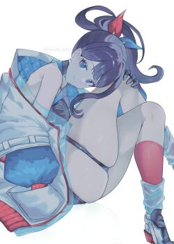 Rule 34 | 1girl, black gloves, black hair, blue eyes, commentary request, from side, gloves, gridman universe, hair ornament, highres, imawa naki, jacket, long sleeves, looking at viewer, official alternate costume, ponytail, simple background, smile, solo, ssss.gridman, takarada rikka, thick thighs, thigh gap, thigh strap, thighs, twitter username, white background