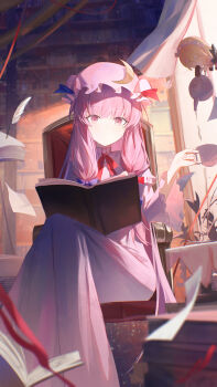 1girl absurdres book bookshelf bow chinese_commentary commentary_request cup doll dress drinking_glass fumo_(doll) hair_bow hat highres holding holding_book holding_cup holding_teapot looking_at_viewer open_book patchouli_knowledge pink_dress pink_hat pouring purple_bow purple_eyes purple_hair quill red_bow sitting solo teacup teapot touhou z-bow