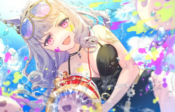 1girl :d aiming aiming_at_viewer animal_ears arm_tattoo bare_shoulders black_one-piece_swimsuit blurry breasts casual_one-piece_swimsuit cleavage commentary_request depth_of_field eyewear_on_head gold_ship_(run_revolt_launcher)_(umamusume) gold_ship_(umamusume) grey_hair holding holding_water_gun horse_ears horse_girl jewelry long_hair medium_breasts necklace official_alternate_costume one-piece_swimsuit open_mouth paint_splatter paint_splatter_on_face patori pink_eyes slit_pupils smile solo sunglasses swimsuit tattoo umamusume v-shaped_eyebrows water water_drop water_gun