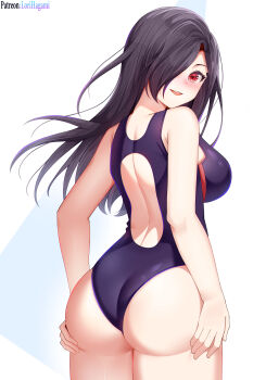 Rule 34 | 1girl, absurdres, artist name, ass, ass focus, ass support, back, back cutout, backless swimsuit, bare arms, bare shoulders, black hair, black one-piece swimsuit, black swimsuit, blush, breasts, clothing cutout, competition swimsuit, cowboy shot, from behind, hair over one eye, highres, large breasts, long hair, looking at viewer, looking back, lori hagami, one-piece swimsuit, open mouth, original, purple one-piece swimsuit, purple swimsuit, red eyes, simple background, smile, solo, standing, swimsuit, tank suit, teeth, thighs, upper teeth only, white background
