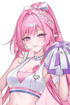 Rule 34 | 1girl, absurdres, alternate costume, bow, braid, choker, commentary request, cyrene (honkai: star rail), diamond-shaped pupils, diamond (shape), frilled shirt collar, frills, gem, gradient eyes, hair bow, hair ornament, halter shirt, halterneck, hasom, high ponytail, highres, honkai: star rail, honkai (series), long hair, looking at viewer, multicolored eyes, pink hair, pointy ears, pom pom (cheerleading), ponytail, silver trim, solo, sportswear, symbol-shaped pupils, teeth, upper body, white background, white choker