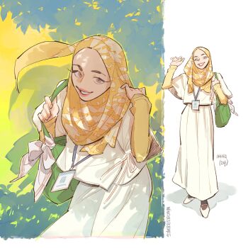 1girl absurdres artist_name black_pantyhose brown_eyes commentary dress english_commentary green_bag grin highres hijab lanyard long_dress multiple_views orange_hijab original pantyhose shoes smile white_dress white_shoes winchestermegg