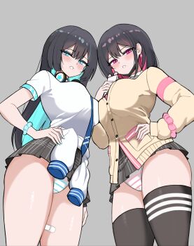 Rule 34 | 2girls, absurdres, black hair, black survival, black thighhighs, blue necktie, blue star (pixiv23073844), breasts, checkered clothes, checkered skirt, cleft of venus, debi (after school) (black survival), debi (black survival), eternal return: black survival, green eyes, green hair, grey background, grey skirt, highres, large breasts, long hair, marlene (after school) (black survival), marlene (black survival), medium hair, multicolored hair, multiple girls, necktie, panties, pink eyes, pink hair, pink necktie, pussy, shirt, siblings, simple background, skirt, striped clothes, striped panties, thighhighs, thighs, twins, two-tone hair, underwear, white panties, white shirt