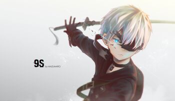 1boy artist_name blindfold blue_eyes character_name highres looking_away male_focus mazumaro nier_(series) nier:automata short_hair solo sword weapon white_background white_hair 9s_(nier:automata)
