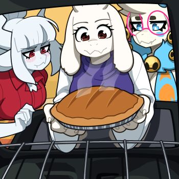 angela_flux animal_ears atlyss bell blue_blush blue_eyes blush breasts cleavage deltarune demon_girl demon_horns food fur_collar furry furry_female glasses goat_ears goat_girl goat_horns helltaker highres horns long_sleeves lucifer_(helltaker) mole mole_under_eye muds multiple_girls oven pie red_eyes red_shirt shirt steam toriel undertale utdr_(toby_fox) white_fur white_hair white_horns