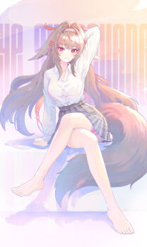 1girl absurdres alternate_costume animal_ear_fluff animal_ears arm_support arm_up barefoot breasts brown_hair brown_tail bytekun character_name closed_mouth clover clover_hair_ornament commentary_request crossed_legs droopy_ears feet full_body green_skirt hair_ornament hairband highres leg_tattoo long_hair looking_at_viewer medium_breasts plaid_clothes plaid_skirt red_eyes shadow shirt shirt_tucked_in sitting skirt smile solo tail tattoo very_long_hair white_hairband white_shirt ye_shunguang zenless_zone_zero