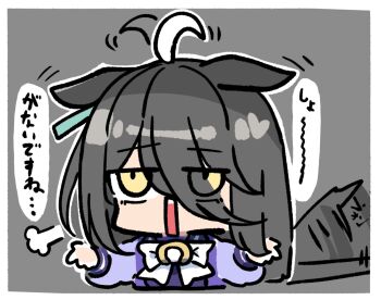 Rule 34 | 1girl, afterimage, ahoge, animal ears, black hair, bow, chibi, commentary request, cropped torso, eyes visible through hair, grey background, hair over one eye, highres, horse ears, horse girl, horse tail, kawamochi (kawauti919), long sleeves, manhattan cafe (umamusume), multicolored hair, outline, puffy long sleeves, puffy sleeves, purple shirt, school uniform, shirt, simple background, solo, tail, tail wagging, tracen school uniform, translation request, two-tone hair, umamusume, upper body, white bow, white hair, white outline, yellow eyes