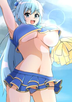 >:) 1girl :d absurdres adapted_costume aqua_(konosuba) arm_up blue_eyes blue_hair blue_panties breasts cheerleader cloud crop_top gluteal_fold hair_ornament hair_rings highres kono_subarashii_sekai_ni_shukufuku_wo! large_breasts lens_flare light_blue_hair long_hair microskirt navel nipple_slip nipples no_bra open_mouth outdoors panties pom_pom_(cheerleading) skirt sky smile solo sphere_hair_ornament toukaaa underboob underwear v-shaped_eyebrows very_long_hair