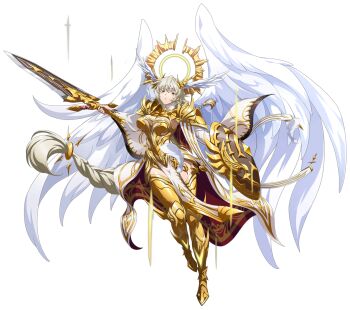 1girl absurdly_long_hair absurdres angel_wings armor armored_boots blonde_hair boobplate boots braid breastplate breasts cape cleavage cuisses dynamic_pose falling_feathers faulds feathered_wings feathers fighting_stance floating_cape floating_clothes floating_hair full_body game_cg gold_armor gold_boots gold_trim grenshiel_(langrisser) hair_between_eyes hair_ornament halo highres holding holding_shield holding_sword holding_weapon knight langrisser langrisser_mobile large_breasts leg_armor leg_up light_rays long_hair looking_at_viewer low-tied_long_hair messy_bangs official_alternate_costume official_art oversized_wings parted_lips pauldrons pelvic_curtain red_cape second-party_source shield shoulder_armor side_braid simple_background solo standing standing_on_one_leg sword tachi-e thighhighs transparent_background two-sided_cape two-sided_fabric very_long_hair waist_cape weapon white_cape white_feathers white_wings wing_hair_ornament wings yellow_eyes yellow_halo zettai_ryouiki