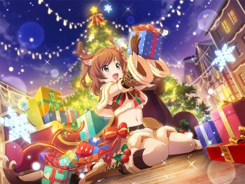 Rule 34 | 1girl, aijou karen, animal ears, antlers, boots, brown boots, brown capelet, brown eyes, brown gloves, brown hair, brown skirt, building, capelet, christmas, christmas present, christmas tree, deer antlers, deer ears, dutch angle, fake animal ears, fake antlers, game cg, gift, gloves, holding, holding gift, horns, navel, night, official art, on ground, open mouth, short hair, shoujo kageki revue starlight, shoujo kageki revue starlight -re live-, sitting, skirt, sleigh, snowflakes, solo, stomach, wariza