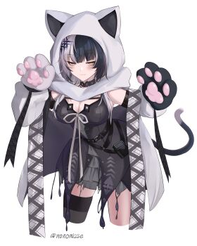 Rule 34 | 1girl, absurdres, animal hands, animal hood, arm strap, belt, black belt, black choker, black dress, black hair, black thighhighs, blush, book, breasts, cat hood, cat tail, chest belt, choker, closed mouth, commentary, cropped legs, detached sleeves, dress, fake tail, fang, fang out, gloryaldelly, gloves, grey hair, grey scarf, hair ornament, hands up, highres, hololive, hololive english, hood, hood up, large breasts, light smile, long hair, looking at viewer, multicolored hair, paw gloves, plaid clothes, plaid scarf, puffy sleeves, scarf, shiori novella, shiori novella (1st costume), simple background, sleeveless, sleeveless dress, solo, split-color hair, striped clothes, striped thighhighs, tail, thighhighs, twitter username, two-tone hair, virtual youtuber, white background, yellow eyes
