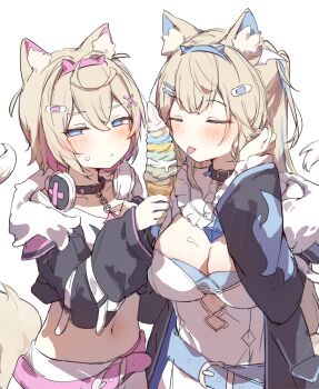 Rule 34 | 2girls, animal ear fluff, animal ears, blonde hair, blue eyes, blush, breasts, closed mouth, commentary request, crop top, cropped jacket, cropped shirt, dog ears, dog tail, food, fuwawa abyssgard, fuwawa abyssgard (1st costume), hair ornament, hairclip, highres, holding, holding ice cream cone, hololive, hololive english, ice cream, ice cream cone, jacket, large breasts, long hair, long sleeves, mococo abyssgard, mococo abyssgard (1st costume), multicolored hair, multiple girls, navel, open clothes, open jacket, orobou, parallel hairclips, short hair, siblings, sisters, streaked hair, tail, tongue, tongue out, upper body, virtual youtuber, x hair ornament
