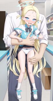 1boy 1girl absurdres angel's_24_uniform_(blue_archive) apron blonde_hair blue_apron blue_archive blue_eyes blue_halo dot_nose embarrassed faceless faceless_male forehead grabbing_from_behind halo hetero highres lifting_person loli long_hair nay open_mouth panties sensei_(blue_archive) socks sora_(blue_archive) underwear very_long_hair white_socks