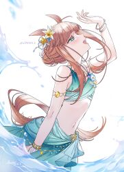 Rule 34 | 1girl, absurdres, animal ears, arm up, bare shoulders, bikini, blunt bangs, bracelet, brown hair, commentary request, dated, ear flower, flat chest, flower on chest, green bikini, green eyes, hair bun, hair ornament, highres, horse ears, horse girl, horse tail, jewelry, long hair, looking up, navel, necklace, official alternate costume, official alternate hairstyle, open mouth, ryusei (ryusei b), sarong, signature, silence suzuka (emerald on the waves) (umamusume), silence suzuka (umamusume), solo, stomach, swimsuit, tail, twitter username, umamusume, upper body, water