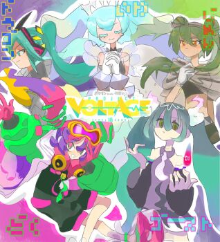 Rule 34 | 6+girls, aqua hair, blonde hair, blush, chi yukumi (user tcje3575), closed mouth, colored eyelashes, commentary request, copyright logo, copyright name, double bun, dragon miku (project voltage), ghost miku (project voltage), gloves, goggles, goggles on head, green eyes, green hair, ground miku (project voltage), hair bun, hatsune miku, headphones, headphones around neck, highres, logo, long hair, midriff, multicolored hair, multiple girls, multiple persona, nintendo, orange eyes, outline, own hands together, pink hair, poison miku (project voltage), pokemon, project voltage, purple hair, rock miku (project voltage), smile, twintails, vocaloid, white gloves, white outline, yellow pupils