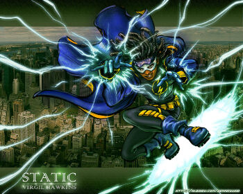 1boy black_hair city dark_skin dc_comics electricity emblem flying goggles dreadlocks jacket male_focus solo static_shock virgil_ovid_hawkins