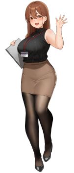 1girl absurdres binder black_pantyhose black_sweater blush breasts brown_eyes brown_hair brown_skirt earrings full_body highres holding id_card jewelry lanyard large_breasts looking_at_viewer mole mole_on_arm mole_on_armpit mole_under_eye office_lady ol-chan_(udon) open_mouth original pantyhose pencil_skirt ribbed_sweater shirt simple_background skirt sleeveless sleeveless_sweater smile solo sweater udon_(udonalium) waving white_background