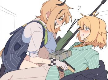 2girls ? addendium ahoge ai_arctic_warfare aqua_shirt blonde_hair blue_overalls blush bolt_action c4 counter:side dokibird dokibird_(bounty_hunter) dooby explosive glock gloves green_eyes gun handgun highres indie_virtual_youtuber medium_hair multicolored_hair multiple_girls neckerchief open_mouth overalls rifle shirt short_hair smile sniper_rifle streaked_hair virtual_youtuber weapon white_gloves