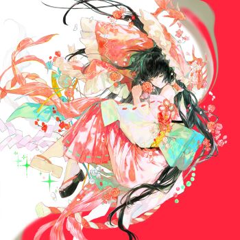 1girl absurdres asymmetrical_footwear black_hair bow chinese_commentary commentary_request cui_suika detached_sleeves fish flower frilled_bow frilled_hair_tubes frills from_side full_body gohei goldfish hair_bow hair_flower hair_ornament hair_tubes hakama hakurei_reimu highres japanese_clothes kouhaku_nawa long_hair miko mismatched_footwear okobo parted_lips platform_sandals red_bow red_hakama ribbon-trimmed_sleeves ribbon_trim rope sandals shimenawa socks solo tabi touhou very_long_hair white_socks wide_sleeves yellow_eyes
