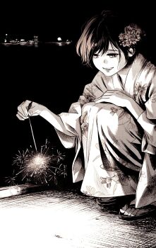 1girl commentary_request crosshatching fingernails fireworks floral_print floral_print_kimono flower full_body greyscale grin hair_flower hair_ornament hand_on_own_knee hashtag-only_commentary hatching_(texture) highres holding holding_fireworks hori_yayano japanese_clothes kimono linear_hatching looking_down monochrome night non_(mangaka) official_artist_extra pole_star_(non) print_kimono sandals screentones short_hair smile solo sparkler sparks squatting swept_bangs toenails toes underlighting wavy_hair wide_sleeves yukata
