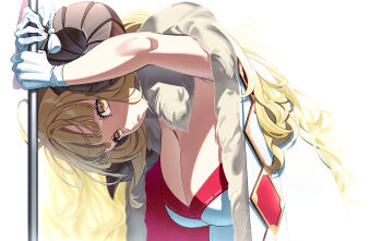 absurdres anila_(granblue_fantasy) blonde_hair blunt_bangs breasts cape cleavage cloak commentary_request curled_horns curly_hair draph gloves granblue_fantasy hanging_breasts highres holding holding_weapon horns large_breasts long_hair looking_at_viewer ryoyu_(ryoyustarlight) weapon white_background white_gloves yellow_eyes