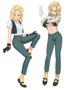 1girl android android_18 belt belt_buckle black_gloves black_shoes black_vest blonde_hair blue_eyes blue_pants bracelet brown_belt buckle clothes_lift cropped_vest denim dragon_ball dragonball_z earrings english_text full_body genniax gloves gold_bracelet gold_earrings hair_between_eyes heart hoop_earrings jeans jewelry lifting_own_clothes looking_at_viewer looking_to_the_side lower_teeth_only medium_hair multiple_views navel necklace open_clothes open_fly open_mouth open_vest pants pearl_necklace shirt shirt_lift shoes simple_background smile socks solo source_request spoken_heart stomach t-shirt teeth vest white_background white_shirt yellow_socks