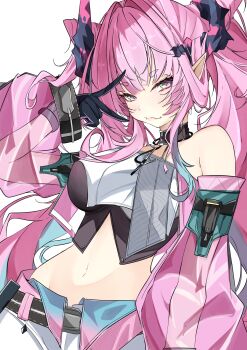 1girl absurdres arknights arknights:_endfield bare_shoulders black_choker black_gloves black_horns breasts choker commentary_request cone_hair_bun crop_top diamond_in_eye dragon_horn gloves hair_bun hair_on_horn highres horns large_breasts long_hair looking_at_viewer midriff navel pants pink_hair pink_horns see-through_clothes see-through_sleeves simple_background solo unanooo_(fthx7532) v white_background white_pants yvonne_(arknights)