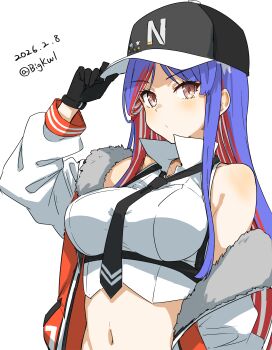 Rule 34 | 1girl, absurdres, bare shoulders, bigkwl, black hat, black necktie, blue hair, blush, closed mouth, commentary, crop top, cropped shirt, dated, dated commentary, hair ornament, hairclip, hand on headwear, hat, highres, jacket, kantai collection, long sleeves, looking at viewer, midriff, multicolored hair, navel, necktie, off shoulder, one-hour drawing challenge, open clothes, open jacket, parallel hairclips, pink eyes, red hair, shirt, simple background, sleeveless, sleeveless shirt, solo, south dakota (kancolle), twitter username, upper body, white background, white hair, white jacket, white shirt
