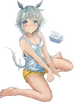 1girl animal_ears bare_shoulders blue_eyes blush camisole closed_mouth collarbone hair_between_eyes horse_ears horse_girl horse_tail looking_at_viewer seiun_sky_(umamusume) short_hair shorts sitting smile solo tail tissue_box umamusume wariza white_camisole yanagi_wakana yellow_shorts