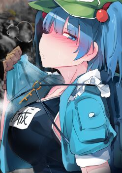 1girl absurdres blue_eyes blue_hair blue_jacket blue_one-piece_swimsuit blush breasts commentary_request from_side green_hat hat highres jacket kawashiro_nitori key large_breasts one-piece_swimsuit school_swimsuit solo swimsuit touhou two_side_up urano_koedame