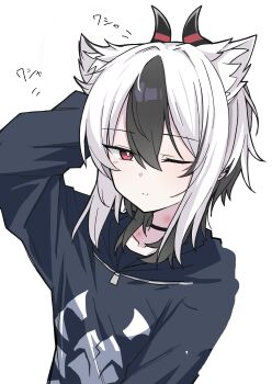 1girl absurdres alternate_hairstyle animal_ears arm_behind_head arm_up black_hair black_jacket blue_archive closed_mouth commentary_request hickey highres jacket kayoko_(blue_archive) kemonomimi_mode light_smile long_sleeves looking_at_viewer medium_hair multicolored_hair nyanzai-sensei one_eye_closed red_eyes simple_background smile solo streaked_hair two-tone_hair upper_body white_background white_hair wolf_cut