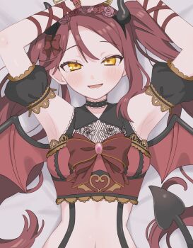 Rule 34 | 1girl, absurdres, armpits, arms up, bed sheet, black choker, blush, bow, bowtie, breasts, choker, commentary request, demon girl, demon horns, demon tail, demon wings, detached sleeves, fake horns, flower, flower hairband, hairband, highres, horn hairband, horns, long hair, looking at viewer, love live!, love live! sunshine!!, lying, midriff, o to mo, on back, on bed, open mouth, pink flower, pink rose, puffy detached sleeves, puffy sleeves, red bow, red bowtie, red flower, red hair, red rose, ribbon, rose, sakurauchi riko, smile, solo, tail, twintails, upper body, wings, wrist ribbon, yellow eyes