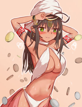 1girl arabian_clothes arm_behind_head barashin blush bracelet breasts cleavage coin commentary_request cowboy_shot dancer dark-skinned_female dark_skin glint green_eyes harem_outfit jewelry lilitales looking_at_viewer navel neck_ring pink_background simple_background smile solo stomach sweat v v_over_head