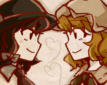 Rule 34 | 2girls, black hat, blonde hair, blush stickers, bow, bowtie, brown eyes, brown hair, closed mouth, collared dress, collared shirt, dress, facing another, grey background, hair between eyes, hair bow, hat, hat bow, heart, implied yuri, looking at another, maribel hearn, mob cap, multiple girls, necktie, sanwa no jako (daikichi club), shirt, short hair, smile, touhou, usami renko, white bow, white hat, white shirt