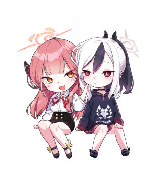 2girls :d aru_(blue_archive) black_choker black_hair black_hoodie black_horns black_shoes black_skirt blue_archive blunt_bangs blush bow bright_pupils buttons chibi chibi_only choker closed_mouth clothes_writing collared_shirt commentary_request demon_girl demon_horns double-breasted double-parted_bangs dress_shirt earclip footwear_bow frown full_body grey_halo hair_between_eyes halo hand_up high-waist_skirt highres hood hood_down hoodie horns indoors kayoko_(blue_archive) kisaka long_hair looking_at_another miniskirt multicolored_hair multiple_girls neck_ribbon open_mouth orange_eyes pink_hair pink_halo plaid_clothes plaid_skirt pleated_skirt ponytail red_eyes red_ribbon red_skirt ribbon shirt shoes side-by-side sitting skirt slit_pupils smile straight_hair tsurime two-tone_hair white_hair white_pupils white_shirt yellow_bow zipper