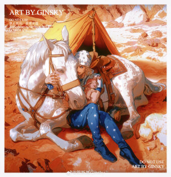 Rule 34 | 1boy, absurdres, animal, animal hug, artist name, bag, beanie, blonde hair, blue eyes, blue pants, blue sleeves, border, chinese commentary, commentary request, desert, ginsky2000, hat, heart ornament, highres, hood, hood down, hoodie, horse, horseshoe hat ornament, horseshoe ornament, johnny joestar, jojo no kimyou na bouken, male focus, medium hair, mountain, on ground, outdoors, pants, reins, saddle, saddlebags, short sleeves, sitting, slow dancer (jojo), smile, solo, stand (jojo), star (symbol), star print, steel ball run, tent, tusk (stand), tusk act1, two-tone sleeves, white border, white hat, white hoodie, white sleeves, wristband