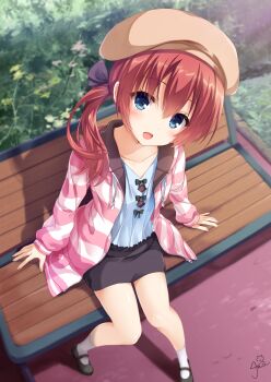 1girl arms_at_sides bench beret black_bow black_skirt blue_eyes blue_shirt blush bow brown_hat casual chaamii collarbone eyebrows_hidden_by_hair eyelashes fingernails flat_chest flower fringe_trim from_above full_body grass hair_between_eyes hair_ribbon hands_on_bench hat highres hood hoodie jacket loafers long_sleeves looking_at_viewer medium_hair mibu_chisaki miniskirt on_bench open_clothes open_mouth park path pink_jacket raised_eyebrows ribbon riddle_joker road shirt shoes side_ponytail sidelocks signature sitting skirt socks solo striped_clothes striped_jacket sunlight thighs white_socks yuzusoft