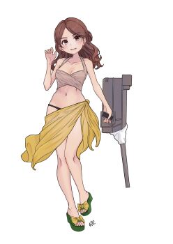 1girl adapted_costume adapted_turret bikini black_bikini breasts brown_bikini brown_eyes brown_hair commentary_request dark-skinned_female dark_skin full_body hair_bun highres kantai_collection long_hair looking_at_viewer mismatched_bikini navel neve_(morris-minicooper) sandals sarong small_breasts solo swimsuit thonburi_(kancolle) wavy_hair yellow_sarong