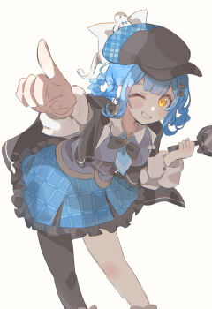 1girl asymmetrical_legwear black_capelet black_hat blue_hair blue_skirt braid braided_hair_rings capelet commentary_request deerstalker detective feet_out_of_frame frilled_skirt frills grin hair_rings hat highres holding holding_magnifying_glass leaning_forward long_sleeves looking_at_viewer magnifying_glass mahou_shoujo_no_majo_saiban miniskirt mufetojiiba one_eye_closed plaid_clothes plaid_skirt pleated_skirt pointing pointing_at_viewer short_hair simple_background single_leg_pantyhose skirt smile solo standing tachibana_sherry vest yellow_eyes
