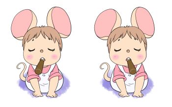 1girl all_fours animal animal_ears blush brown_hair buck_teeth closed_eyes dress eating food furry highres mini_person minigirl mouse_(animal) mouse_ears mouse_girl mouse_tail multiple_tails open_mouth original pink_shirt pocky pocky_day shirt short_hair short_sleeves sleeveless sleeveless_dress spot_the_differences tail teeth white_background white_dress yamanokonza